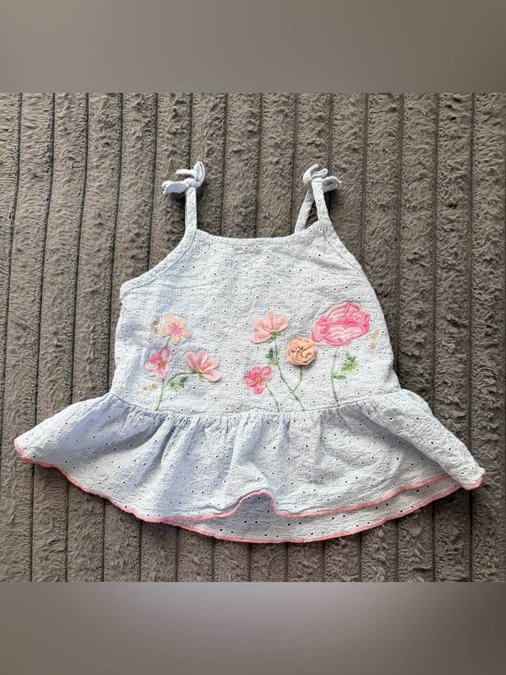 Mud Pie White Eyelet Peplum Tank with Pink Floral Embroidery